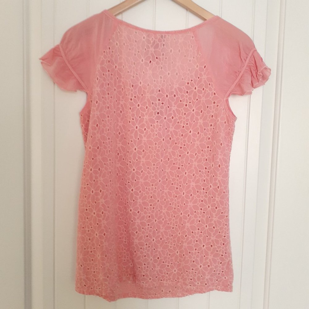 Johnny Was Short Sleeve Eyelet Rayon Top with Scoop Neck & Tie Pink Size XS - Picture 2 of 9